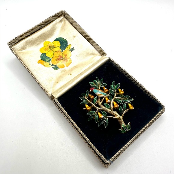 RARE 1960s Trifari Signed Tree of Life Brooch-Enamel Pear Tree Bird-Original Box - Picture 12 of 14